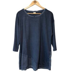 POETRY Tunic Top Lagenlook Hemp Cotton Relaxed Minimalist 3/4 Sleeve Blue Sz 12
